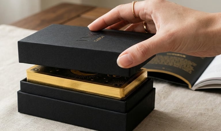 Cinematic close-up, top view, a luxury matte black tarot rigid box being opened, golden gilded edges