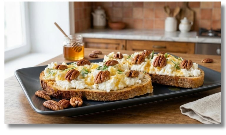 Bruschetta dolce con ricotta, miele e noci