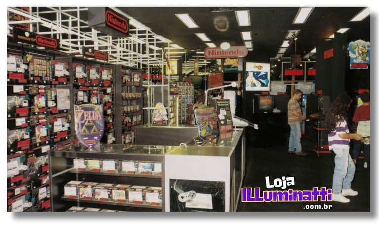 World of Nintendo 1993 Showroom cheio de consoles, pessoas jogando os lançamentos do Super Nes