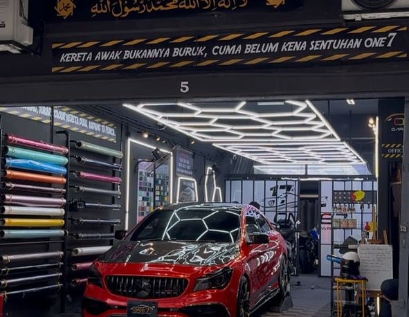 Mercedes CLA AMG wrapped in custom spiderweb design at One 7 Garage