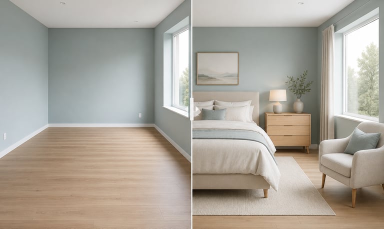 Before and after virtual staging of a modern bedroom with light oak floors and soft sage green walls.