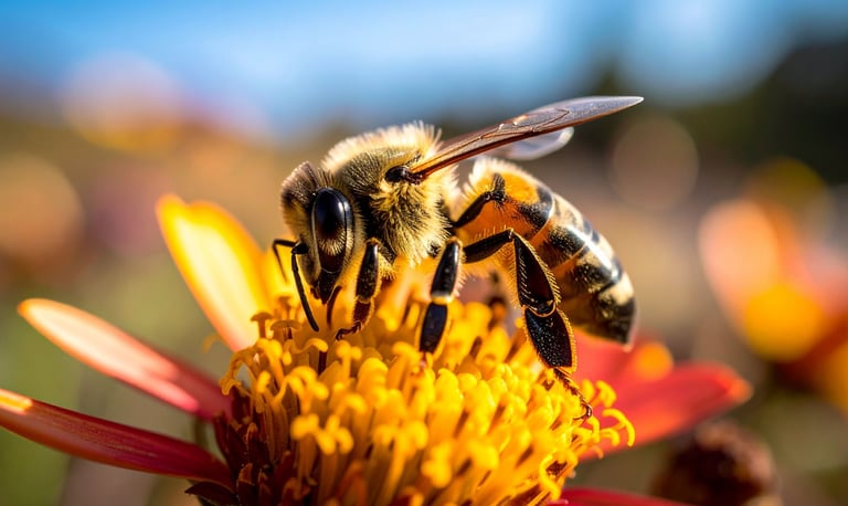 Honeybee gathering nectar on a vibrant bloom in a pollinator-friendly WNY garden.