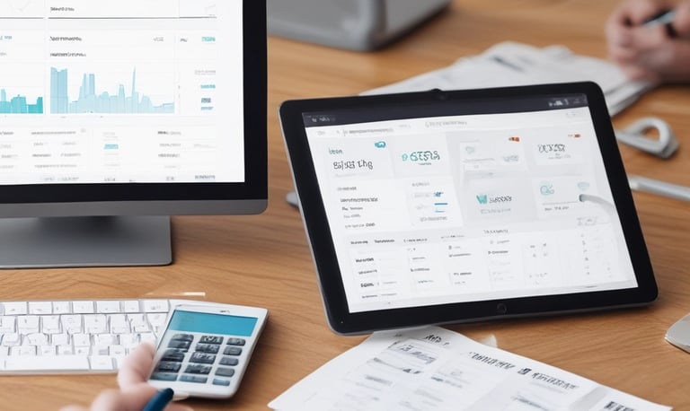 A business owner reviewing sales data on a tablet in a cozy office.