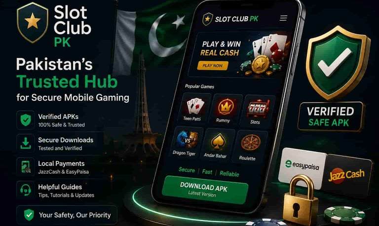 "Slot Club PK About Us banner for trusted APK reviews, mobile gaming guides, and secure downloads in
