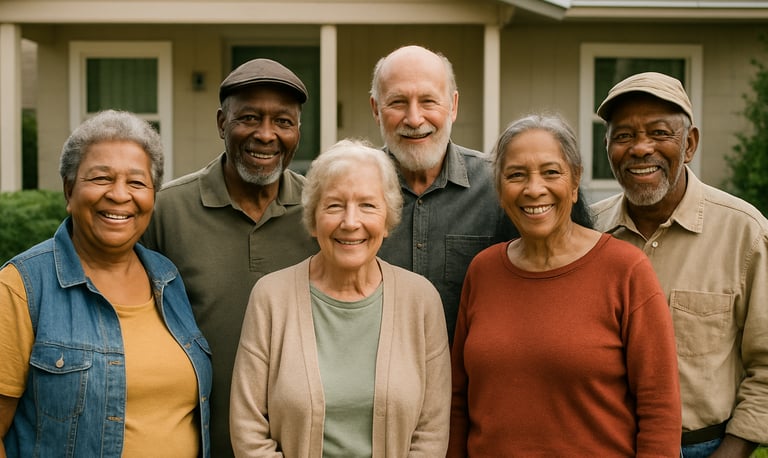 a group of people standing in front of a house