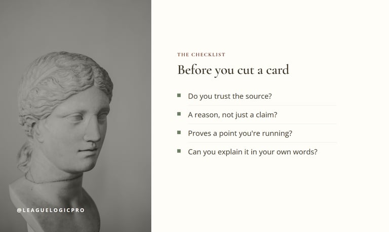 Branded checklist card with four questions to ask before cutting a debate card.