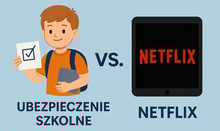 Porównanie ubezpieczenia szkolnego i Netflixa – chłopiec z dokumentem kontra tablet z logo Netflix,
