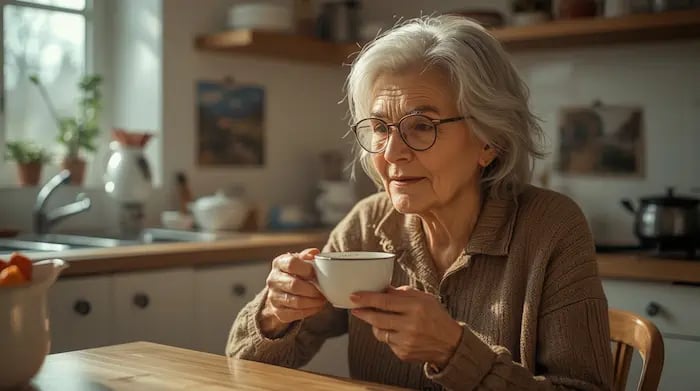 Ältere Frau genießt morgens Kaffee an einem Holztisch, umgeben von vertrauten und Geborgenheit für Menschen mit Demenz