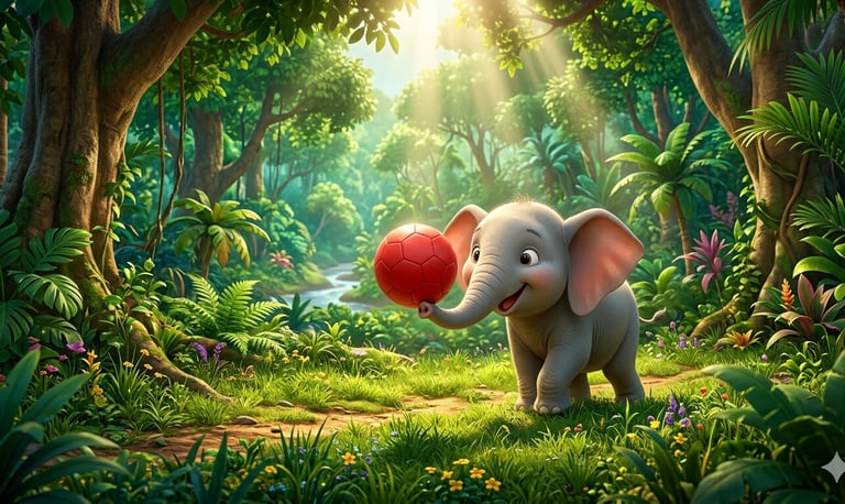 Cute baby elephant playing with a red ball in a lush tropical jungle with sunlight filtering through the trees.