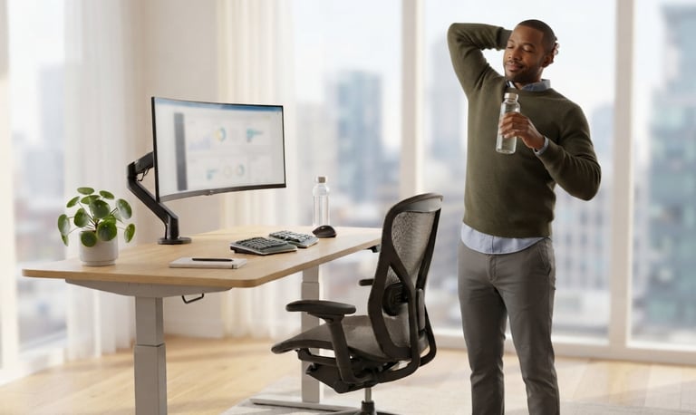 Remote worker practicing healthy posture habits and movement breaks during the workday.