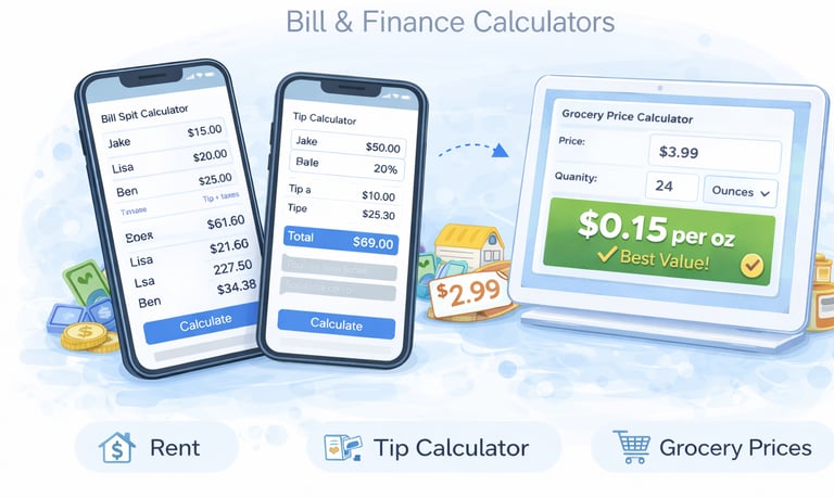 Money tools dashboard showing bill splitting, grocery price comparison, rent sharing, and travel expense calculators