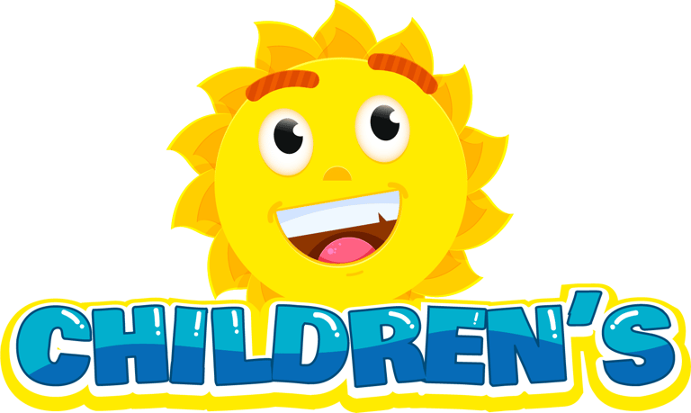 logotipo childrens em escrita estilo de ondas do mar, com um sol sorridente por trás