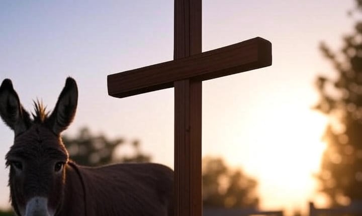 a donkey with a cross on the ground