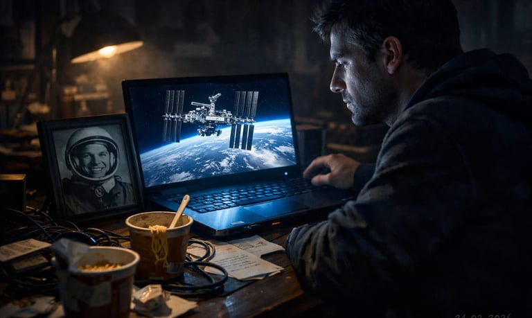 Homme simulant une arnaque au faux astronaute devant son écran.