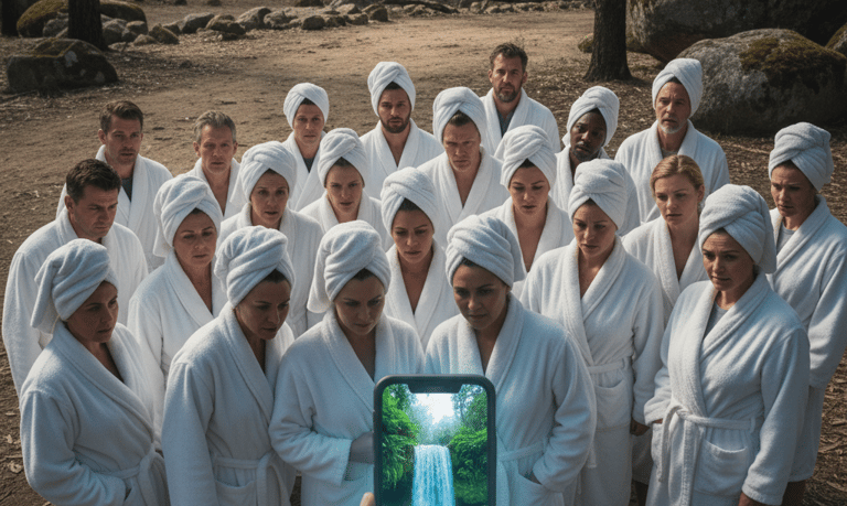 Une foule de voitures garées dans un village forestier cherchant des sources chaudes inexistantes.