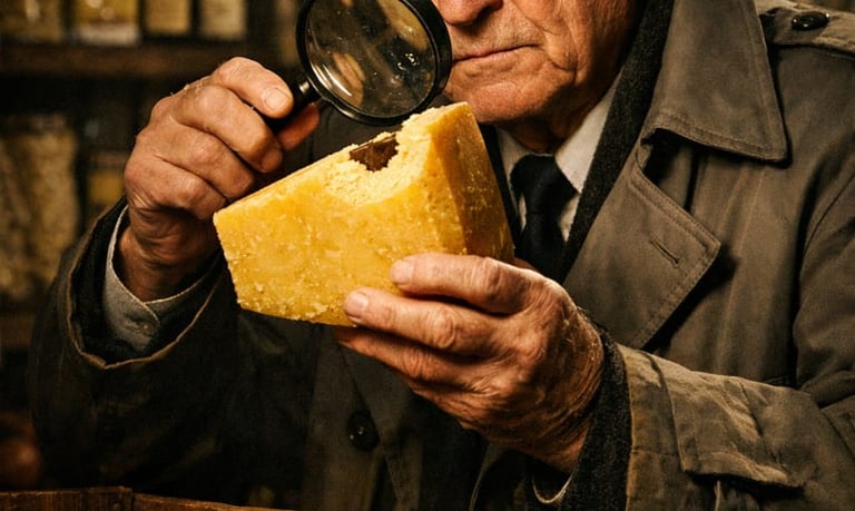 Un détective âgé examine à la loupe une part de parmesan mordue dans une épicerie