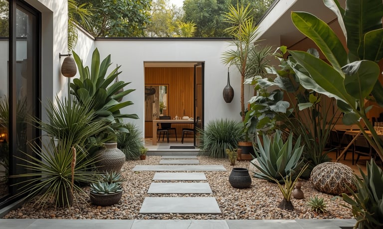 Jardim de pátio moderno com piso de pedra, plantas tropicais exuberantes e paisagismo com cascalho.