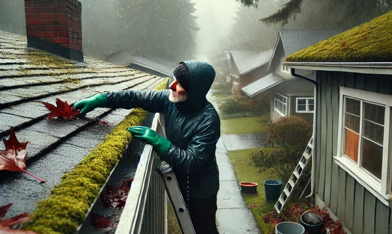 a person in a raincoat cleaning gutters