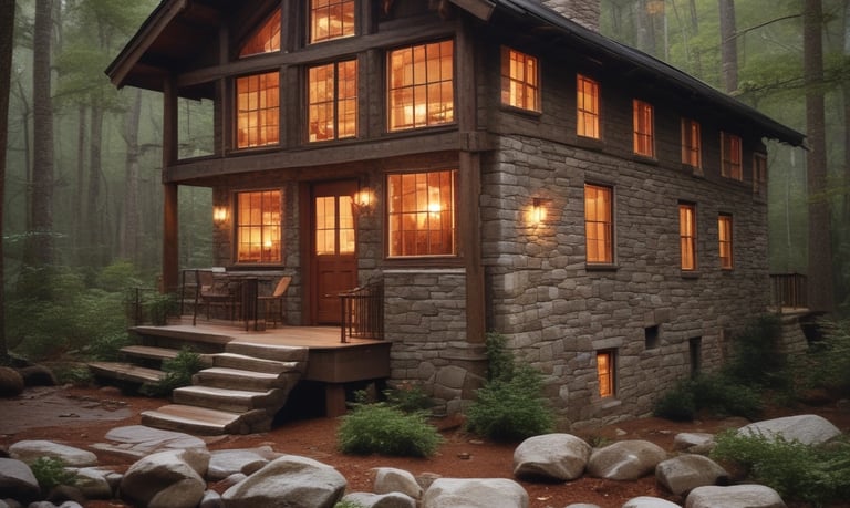 a cabin style house with a stone facade