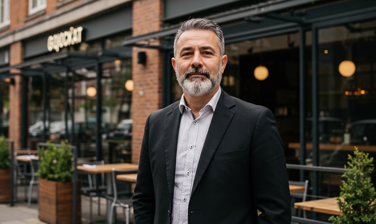 business owner standing in front his restaurant