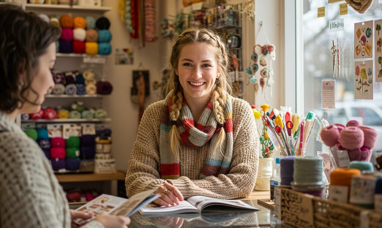 shopkeeper behind counter of yarn supply store