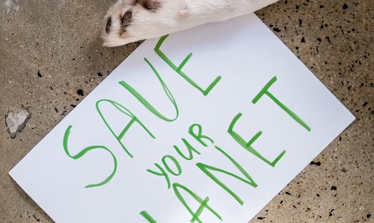 immagine di zampe di animale che incrociano un foglio steso in terra con la scritta: salva il pianeta 