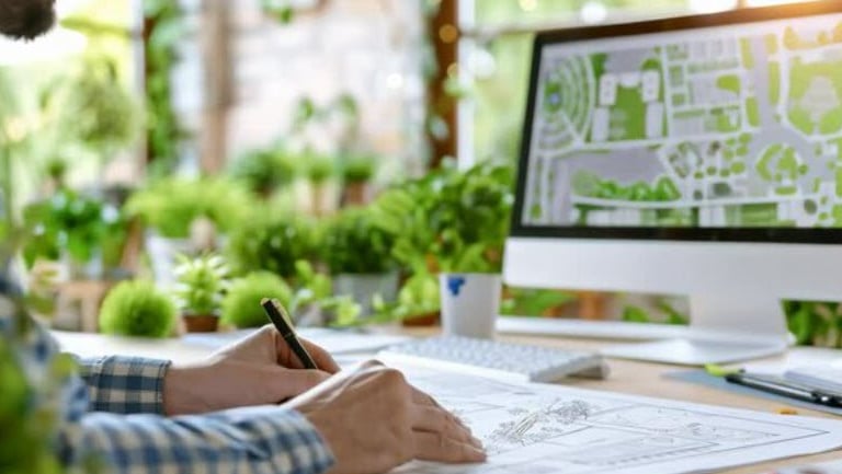 a man is sitting at a desk with a computer and a pen