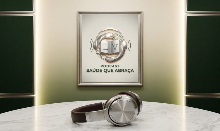 Um par de fones de ouvido e um quadro com uma foto da logo do podcast saúde que abraça