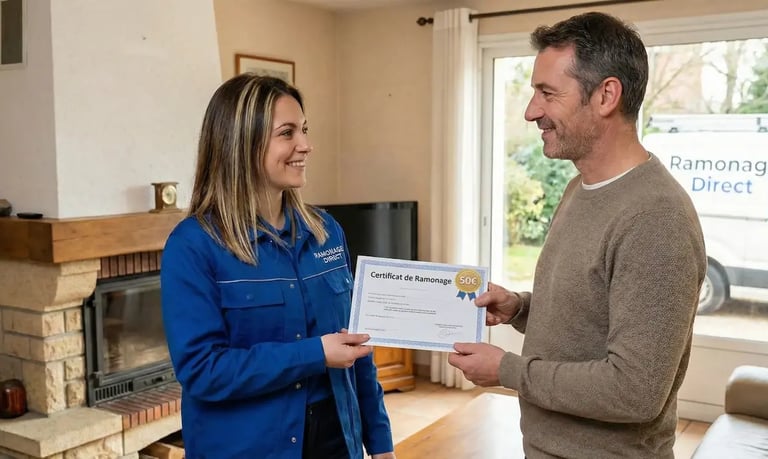 Femme ramoneur remettant le certificat de ramonage 50€ au client à Nantes Loire-Atlantique