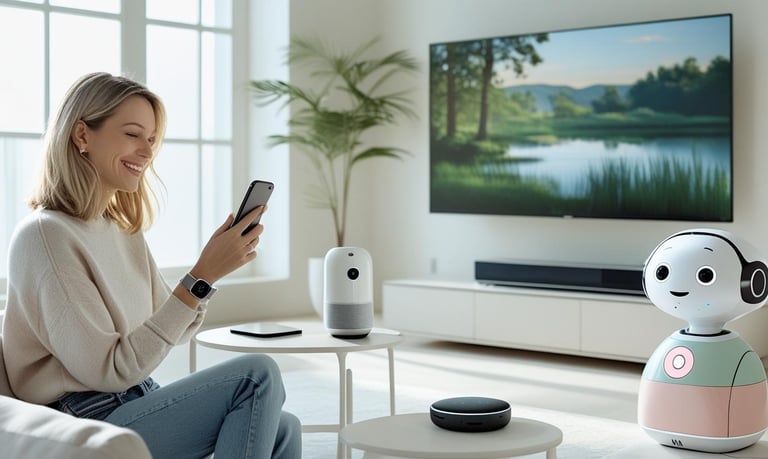A person interacting with multiple smart devices — phone, TV, smartwatch with AI Assistant