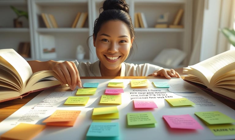 Person mapping out a personal growth vision board on a clean desk with sticky notes, affirmations, 