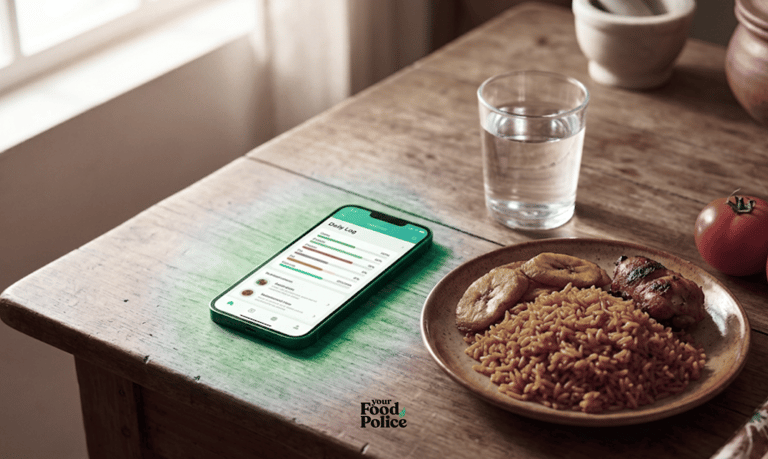  Free AI tools for healthy eating: a phone with a food tracking app beside a Nigerian meal of rice