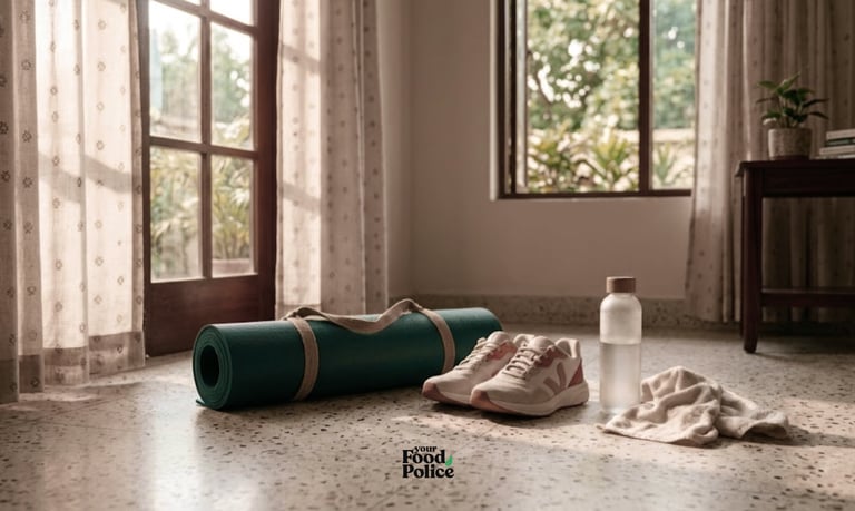 Yoga mat, running shoes, and a water bottle on a floor for a home workout session.