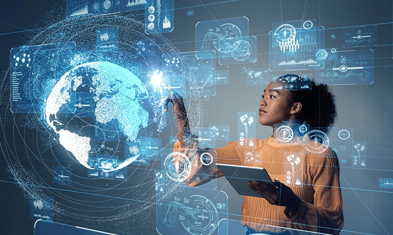 Jovem lĂder utilizando ferramentas digitais para liderar equipes com inovação e clareza