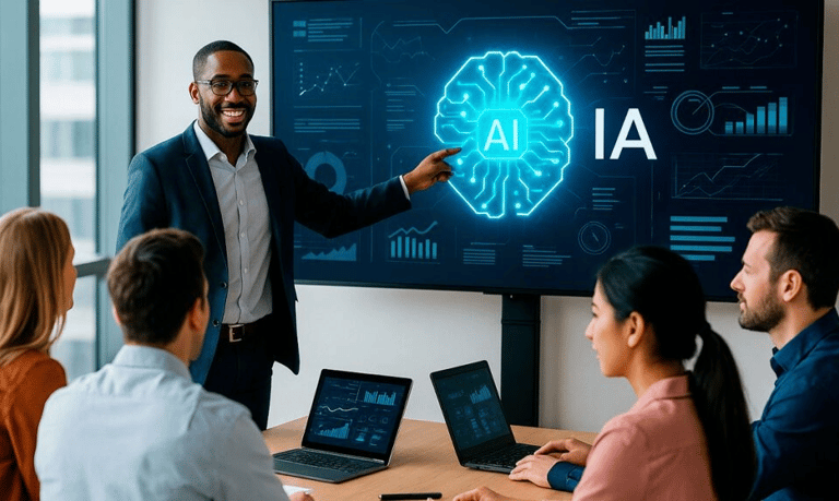 Jovem lĂder usando inteligĂȘncia artificial para engajar a equipe com base em dados.