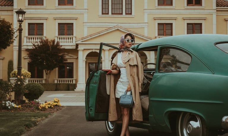 Woman coming out of a classic car parked in front of a mansion