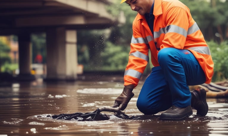 Atención de emergencia por entupimiento 24 horas. Profesional de desentupidora resolviendo una obstr