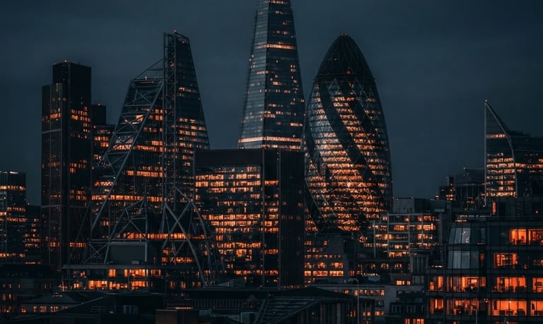 Stark high-contrast architectural crop of modern London skyline, cool low-key lighting, deep slate and navy tones with sharp orange light reflections, 50mm lens