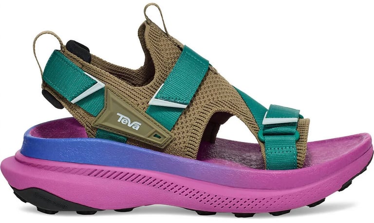 Teva Aventrail trail running sandal in vivid violet, showing adjustable three-point straps, cushioned midsole, and grippy rub