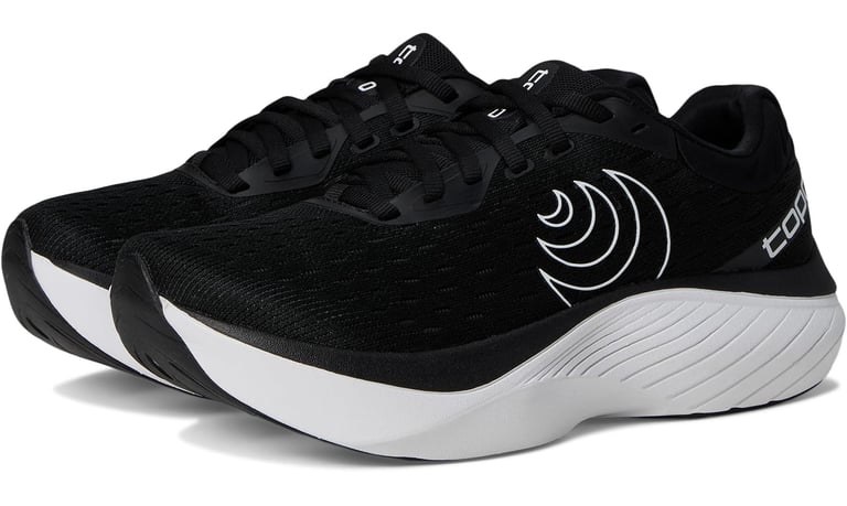 Topo Atmos max cushion running shoe in blue and orange, showing wide toe box, cushioned midsole, and breathable recycled mesh