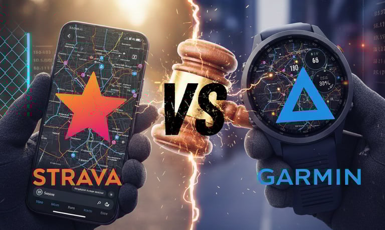 A legal dispute between Strava and Garmin over patent infringement on key running data features.
