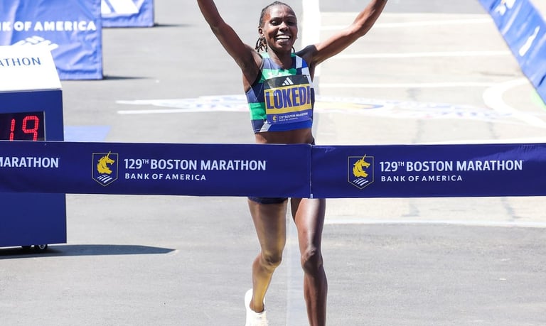 Sharon Lokedi celebrating her course record victory at the 2025 Boston Marathon.