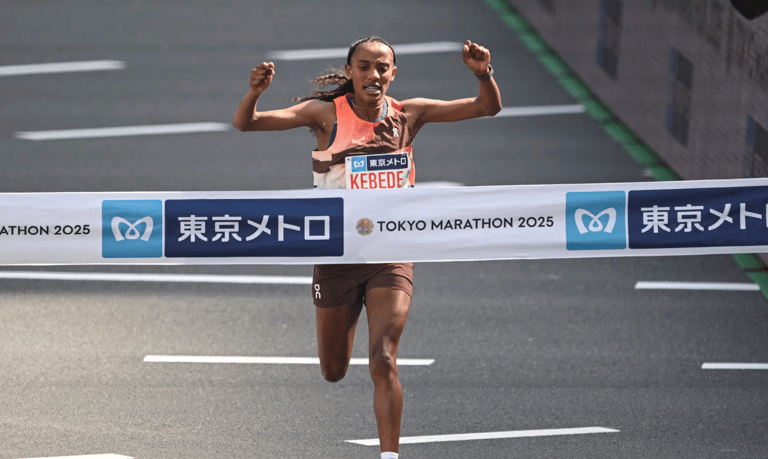 Tadese Takele and Sutume Asefa Kebede celebrate after their victories at the 2025 Tokyo Marathon.