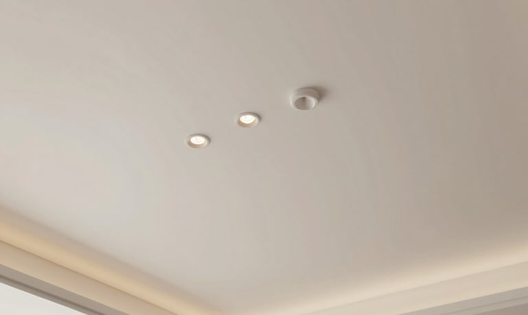 A white textured ceiling with modern 3D geometric square patterns and subtle lighting.