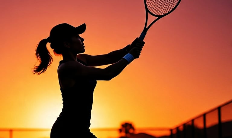 Tennis in action with sunset