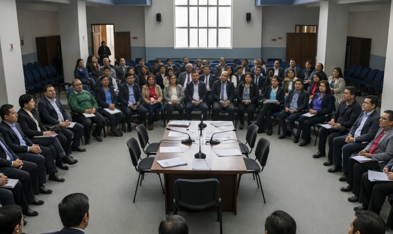 Professional business meeting with corporate team members sitting in a large circle for a strategy seminar.