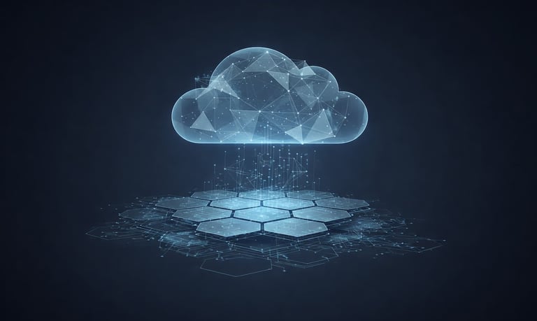 Digital cloud computing concept featuring a glowing network connection over a data center platform.