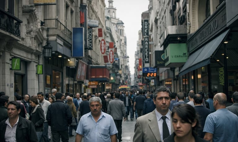 Crowded pedestrian street in Buenos Aires with shoppers and historic architecture.