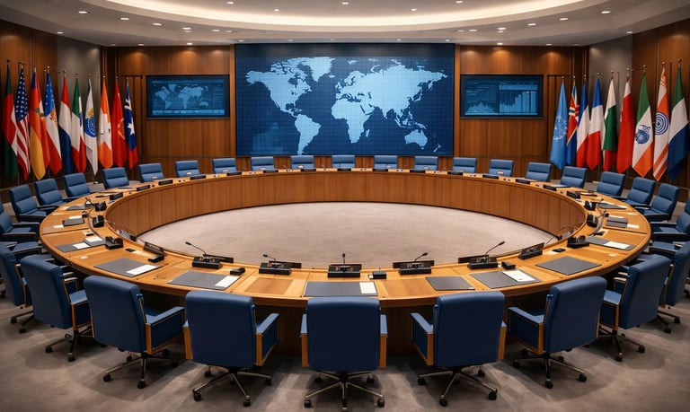 International conference room with a large circular table, blue chairs, and a digital world map display.