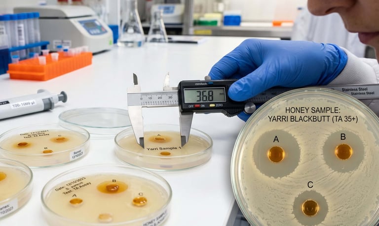 Scientist measuring zone of inhibition using digital caliper in agar well diffusion test